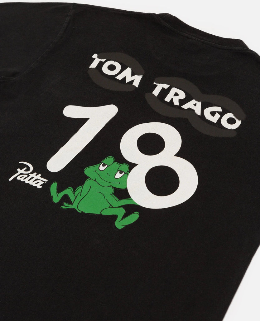 Back print with Tom Trago 18 and frog graphic on a washed black Patta pocket t-shirt.