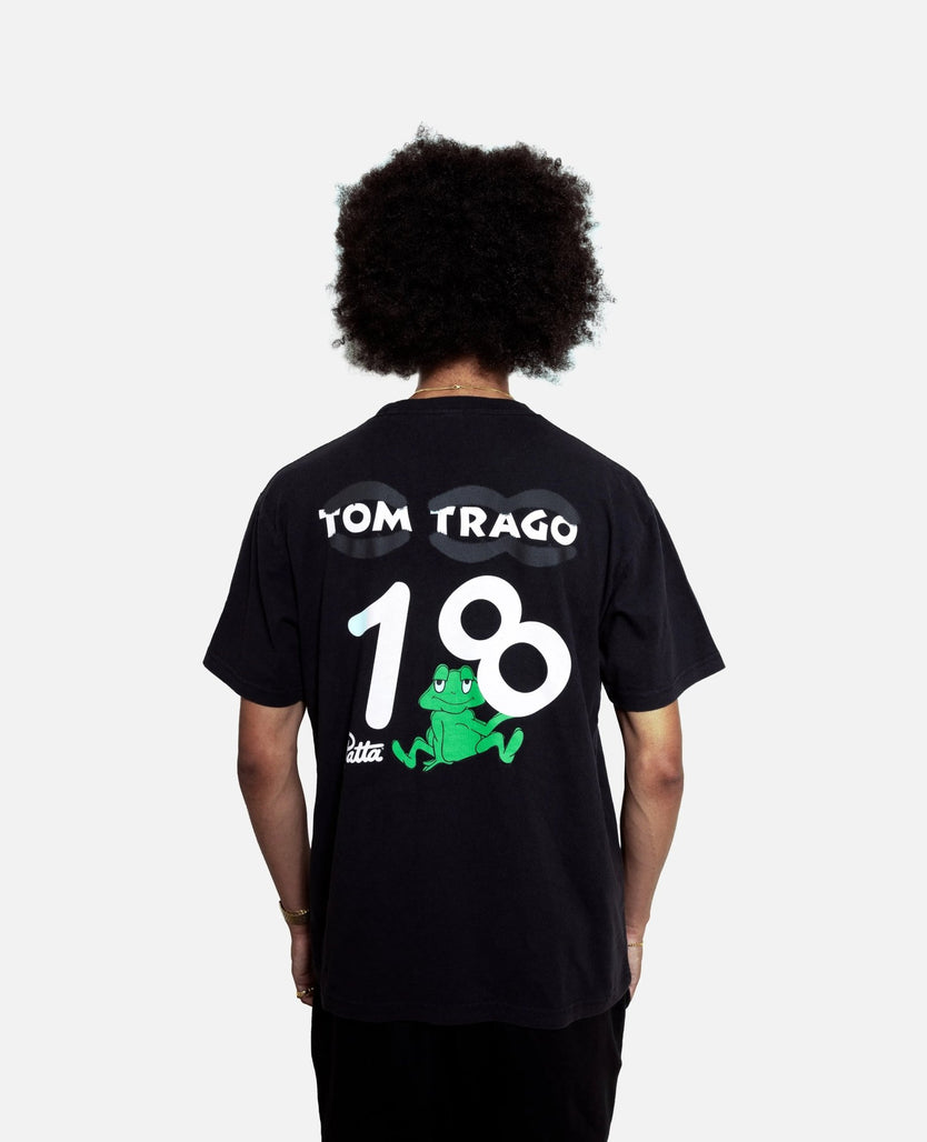 Back view of the Patta Soundsystem x Tom Trago washed black t-shirt with 18 graphic print.