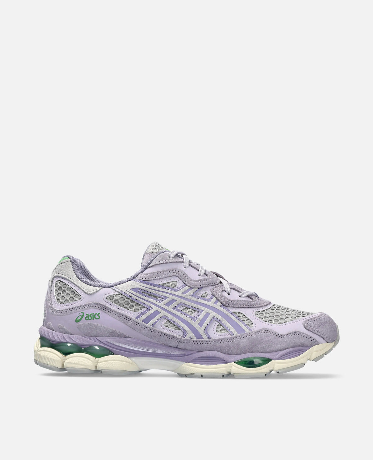 Side profile of Asics Gel NYC sneakers in Cement Grey and Ash Rock suede and mesh.