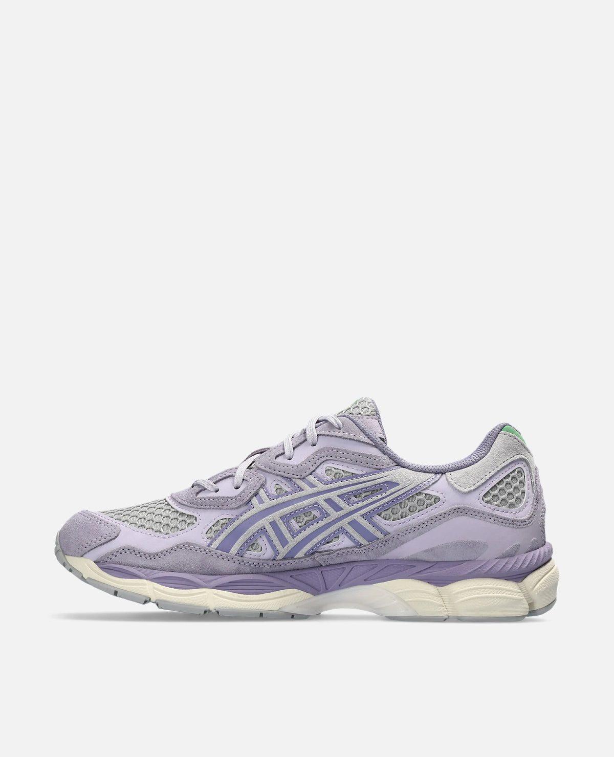 Side view of the Asics Gel NYC sneaker in Cement Grey and Ash Rock featuring suede and mesh overlays.