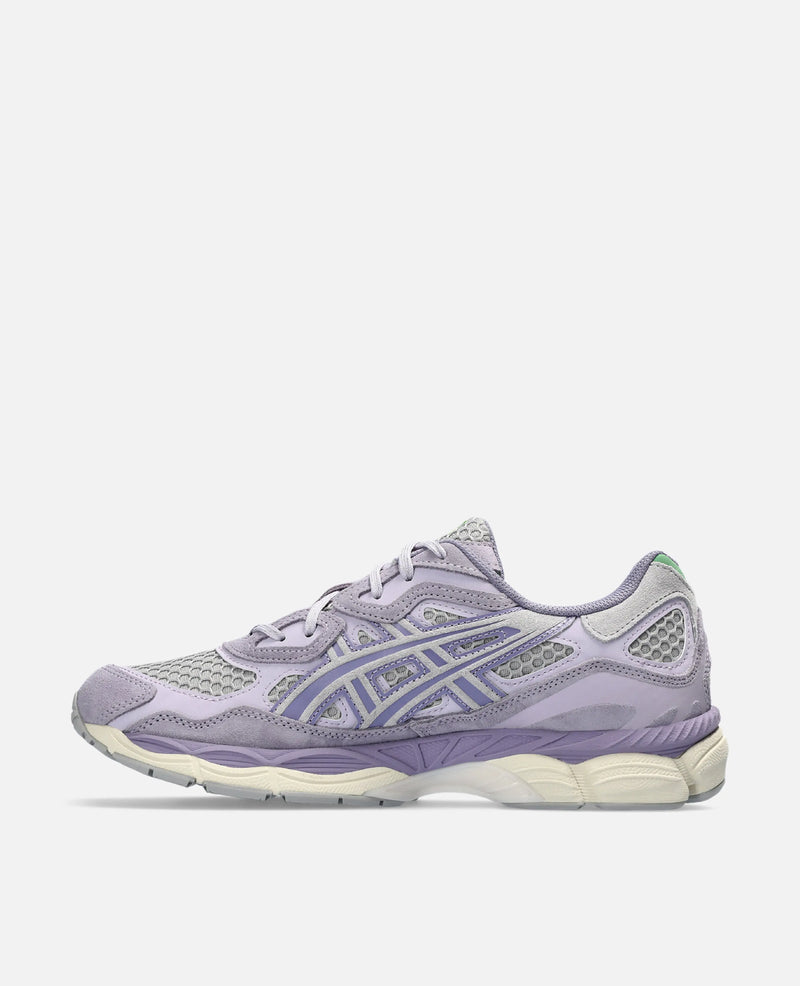 Side view of the Asics Gel NYC sneaker in Cement Grey and Ash Rock featuring suede and mesh overlays.
