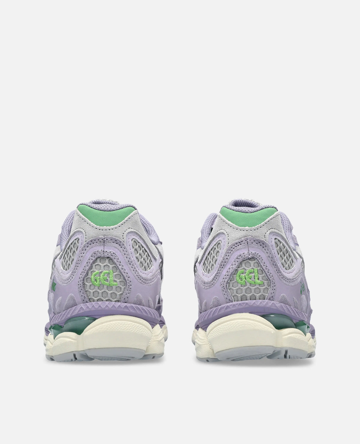 Rear view of Asics Gel-NYC sneakers in Cement Grey and Ash Rock suede with green GEL accents.