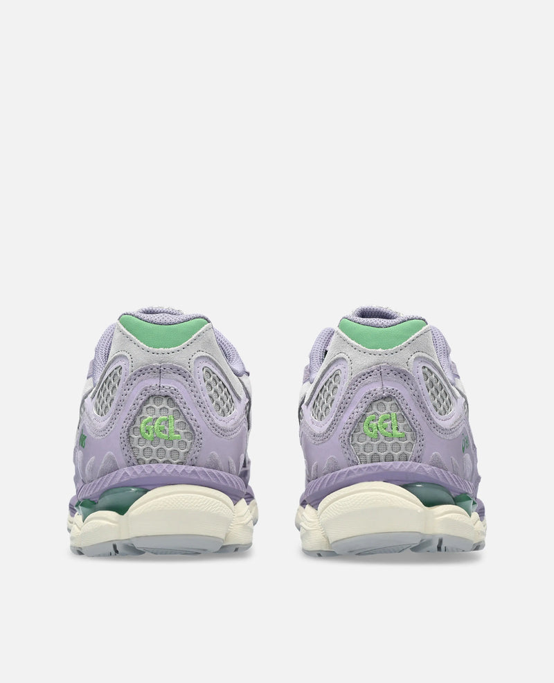 Rear view of Asics Gel-NYC sneakers in Cement Grey and Ash Rock suede with green GEL accents.