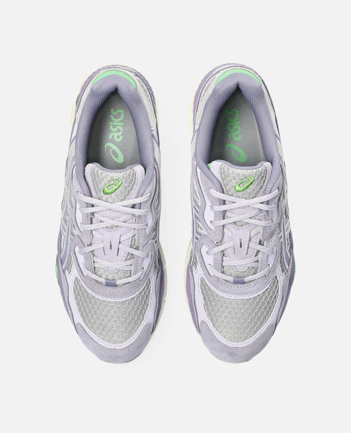 Top-down view of Asics Gel-NYC sneakers in Cement Grey and Ash Rock mesh with green logo accents.
