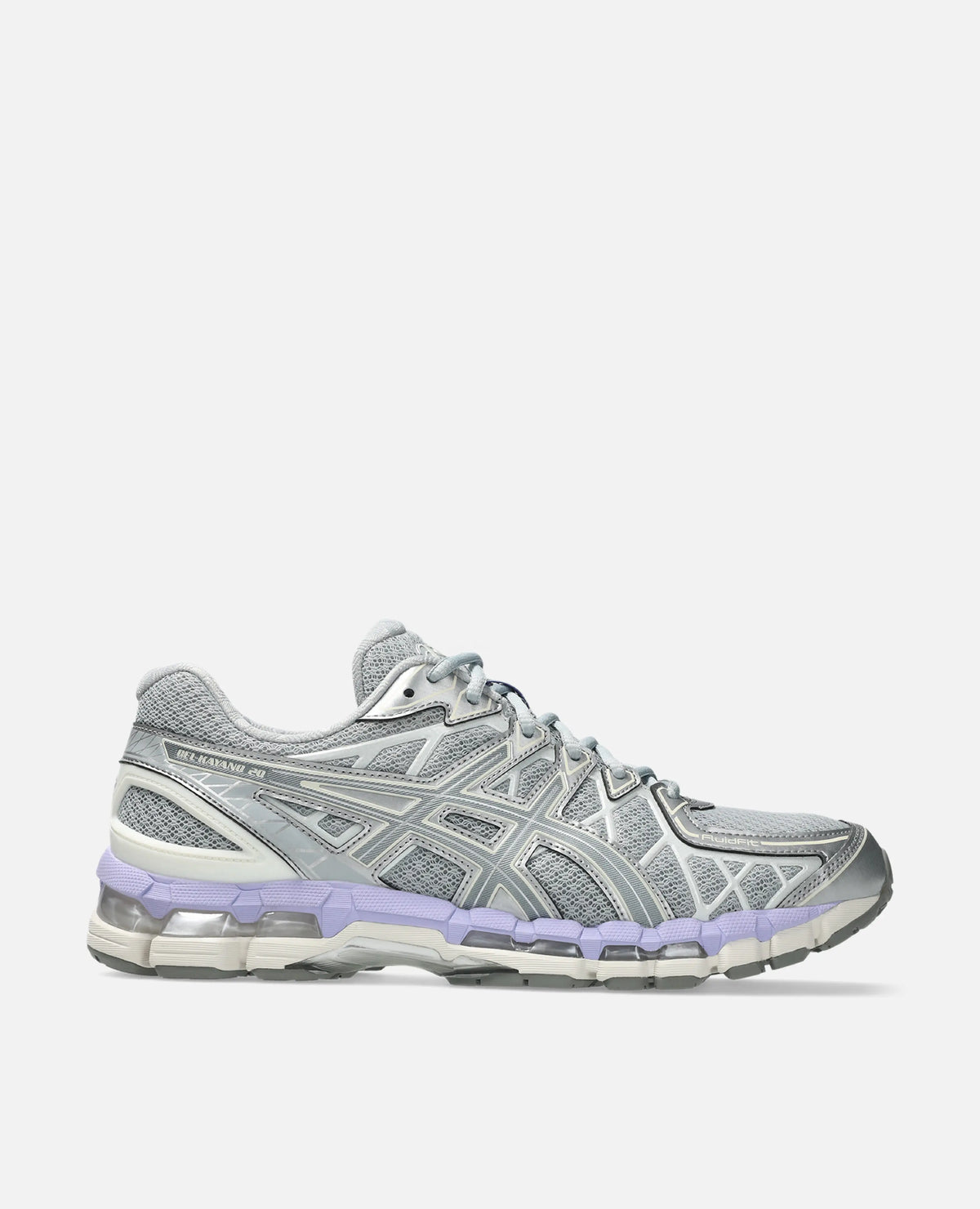 Asics Gel-Kayano 20 in Piedmont Grey featuring silver metallic overlays and a lilac gel-cushioned midsole.