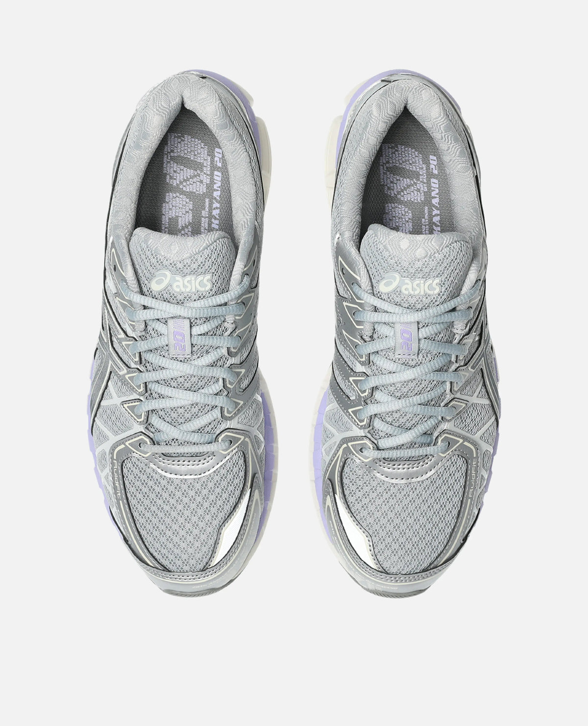 Top-down view of Asics Gel-Kayano 20 sneakers in Piedmont Grey mesh and metallic overlays.