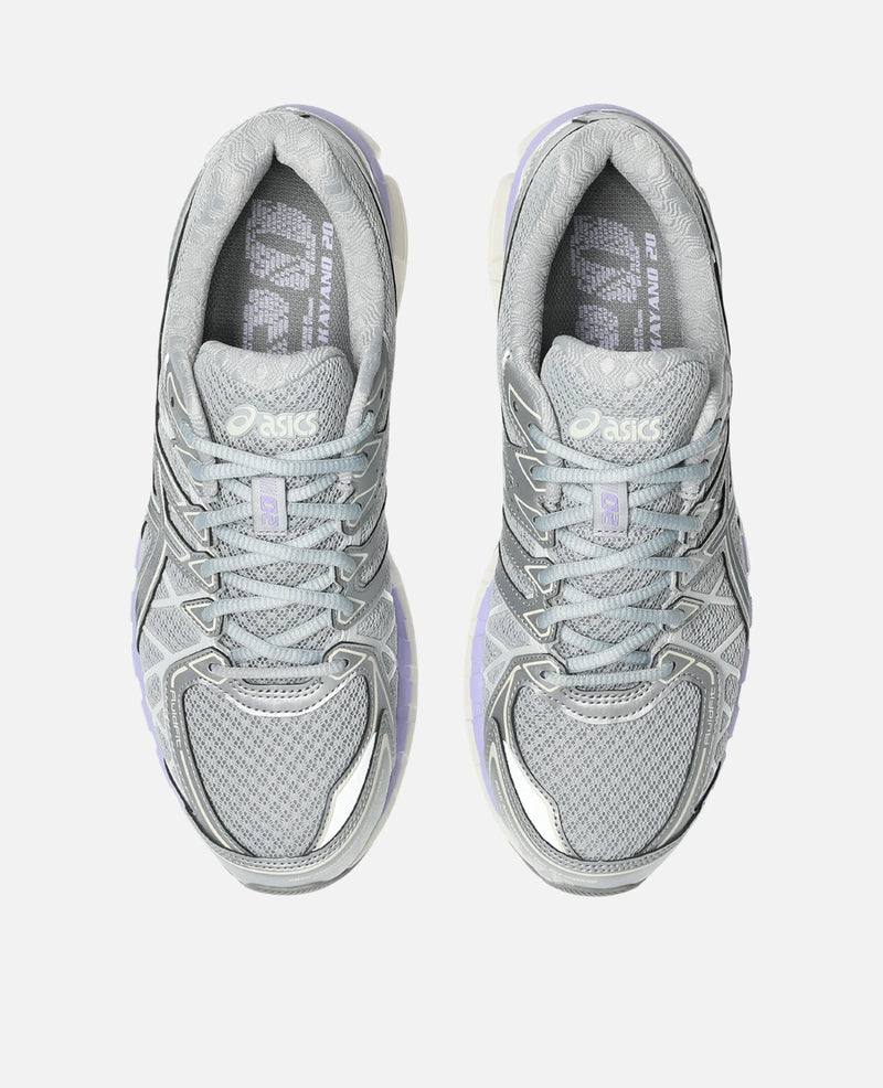 Top-down view of Asics Gel-Kayano 20 sneakers in Piedmont Grey mesh and metallic overlays.
