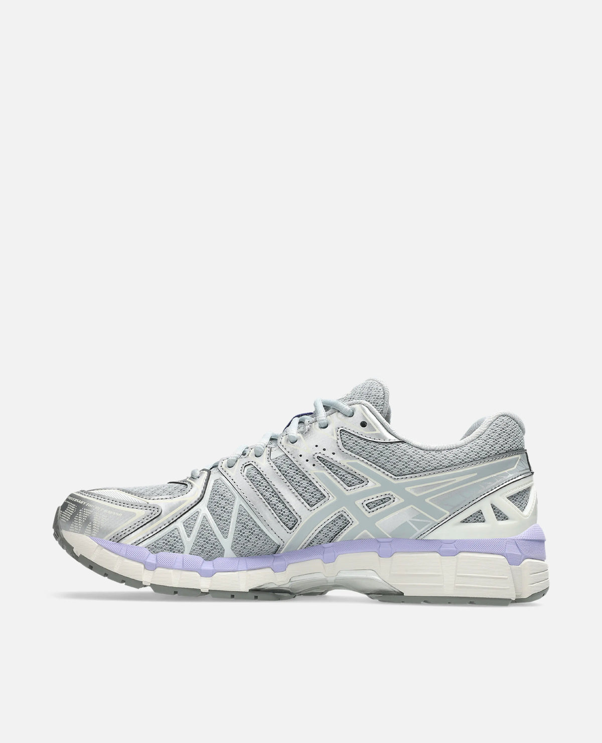 Side profile of the Asics Gel-Kayano 20 sneaker in Piedmont Grey mesh with silver overlays.