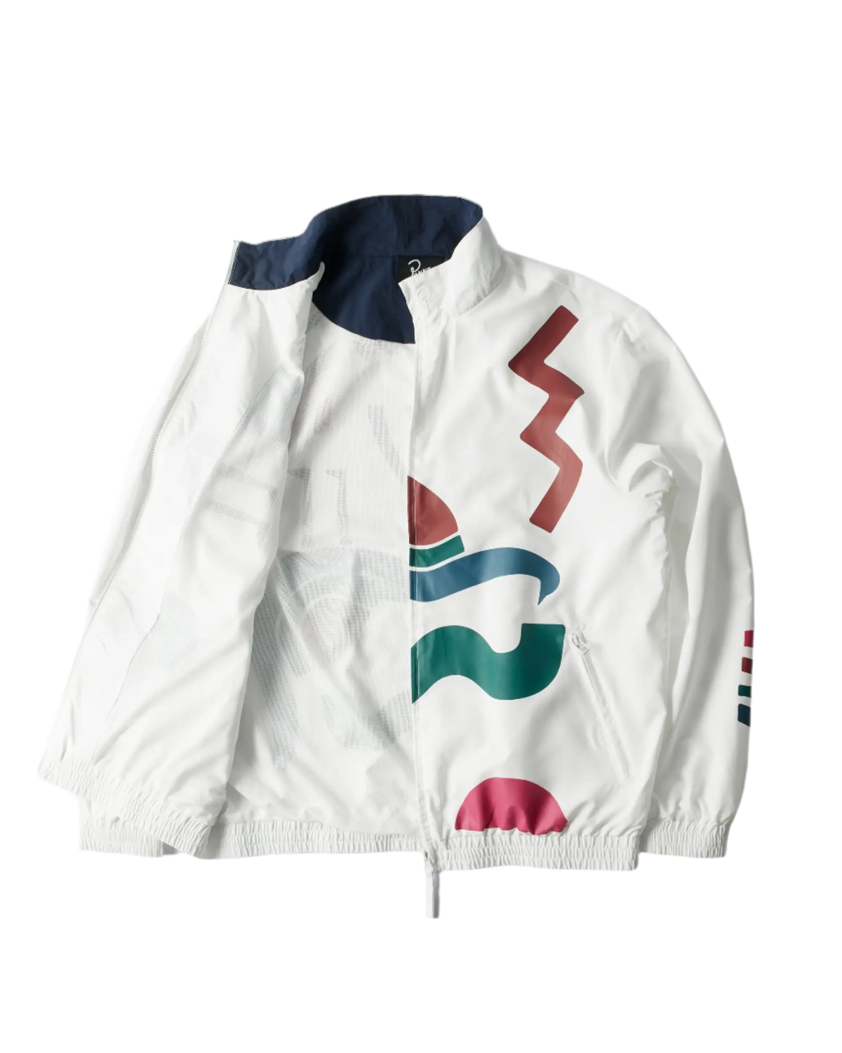 White byParra Tennis Maybe track jacket unzipped with colorful abstract graphic prints.