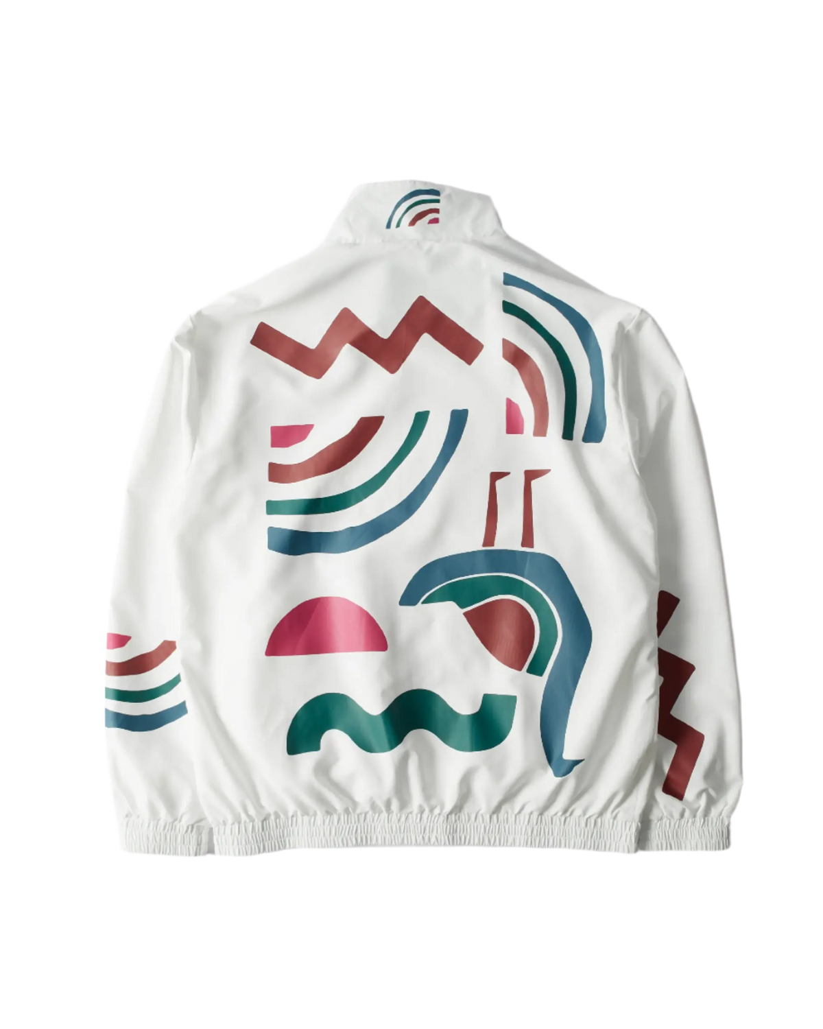 Back view of the byParra Tennis Maybe? Track Jacket in white with colorful abstract graphics.