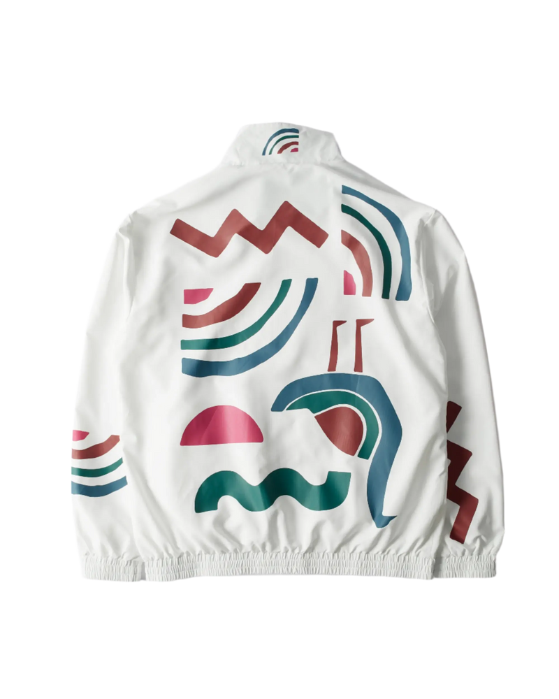 Back view of the byParra Tennis Maybe? Track Jacket in white with colorful abstract graphics.
