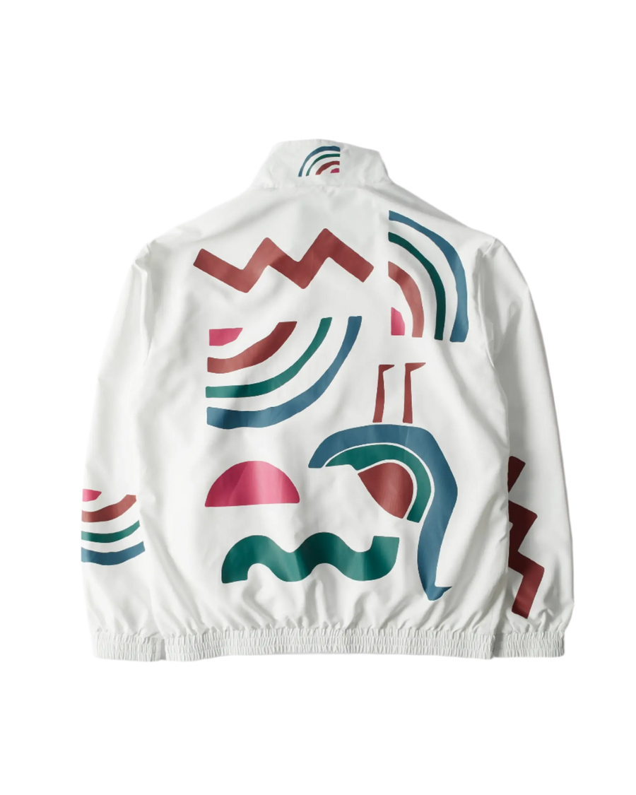 Back view of the byParra Tennis Maybe? Track Jacket in white with colorful abstract graphics.