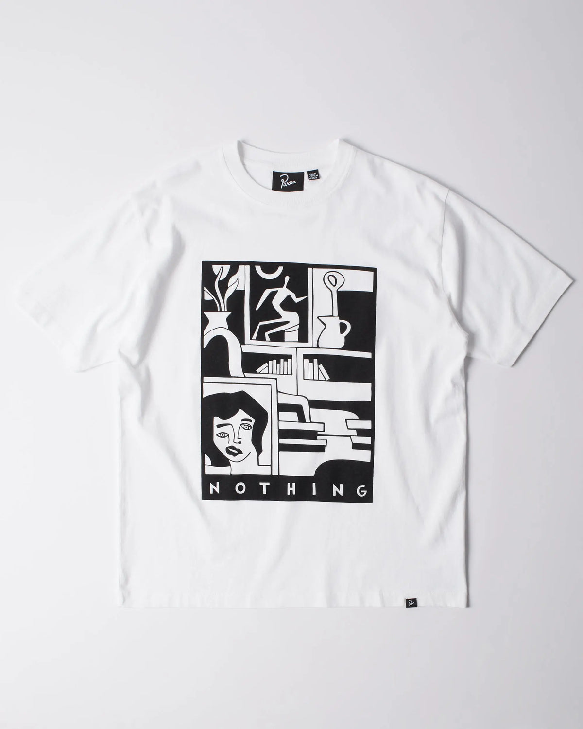 White ByParra Our House cotton T-shirt featuring a black graphic art print on the front.