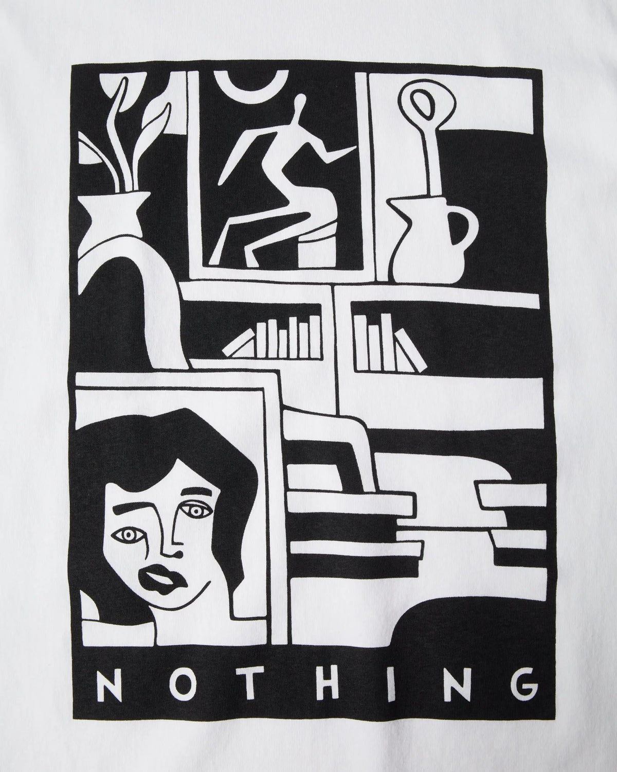 Close-up of black and white graphic artwork on the ByParra Our House T-shirt in white.