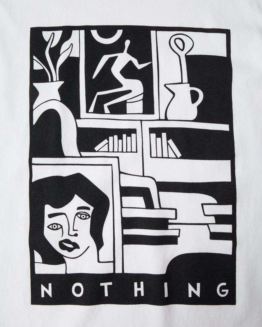 Close-up of black and white graphic artwork on the ByParra Our House T-shirt in white.