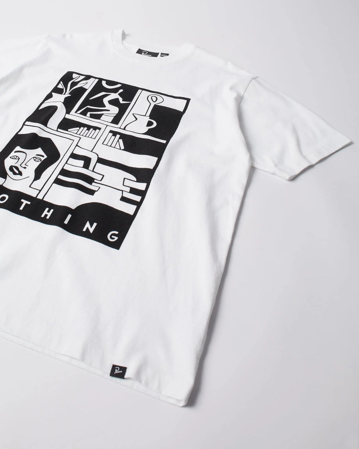 Close-up of the ByParra Our House T-shirt in white featuring a black graphic print on the chest.