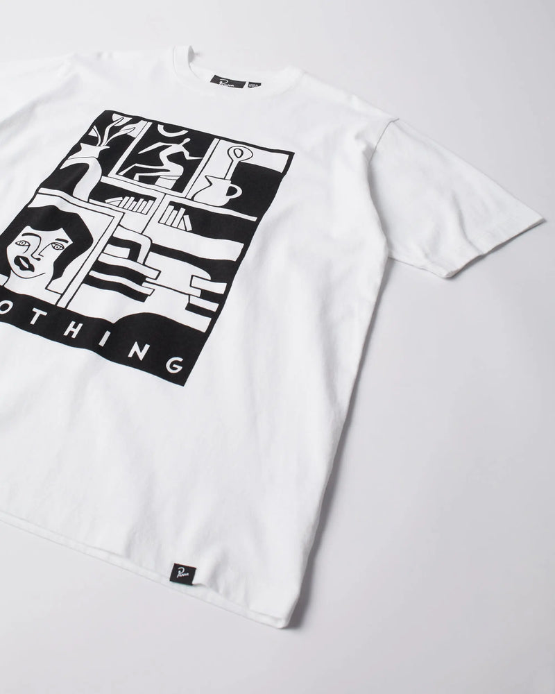 Close-up of the ByParra Our House T-shirt in white featuring a black graphic print on the chest.