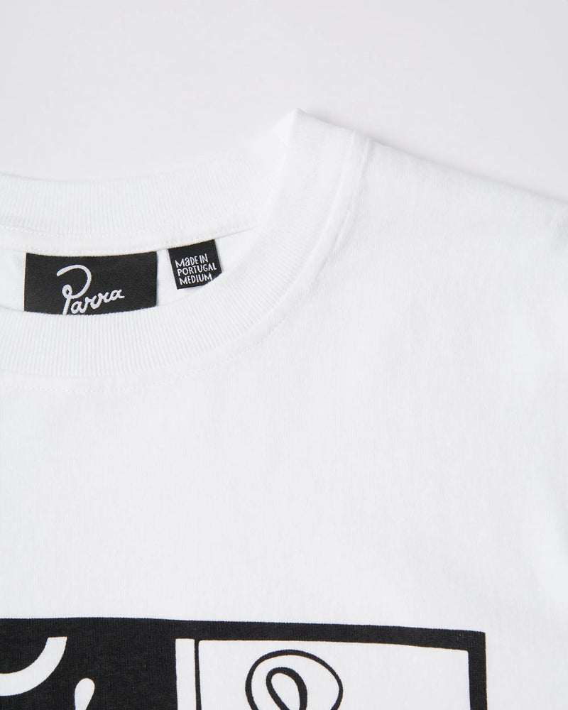 Close-up of the collar and branded neck label on the white ByParra Our House T-shirt.