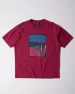 ByParra Beach Parking t-shirt in raspberry featuring a colorful graphic art print on the front.