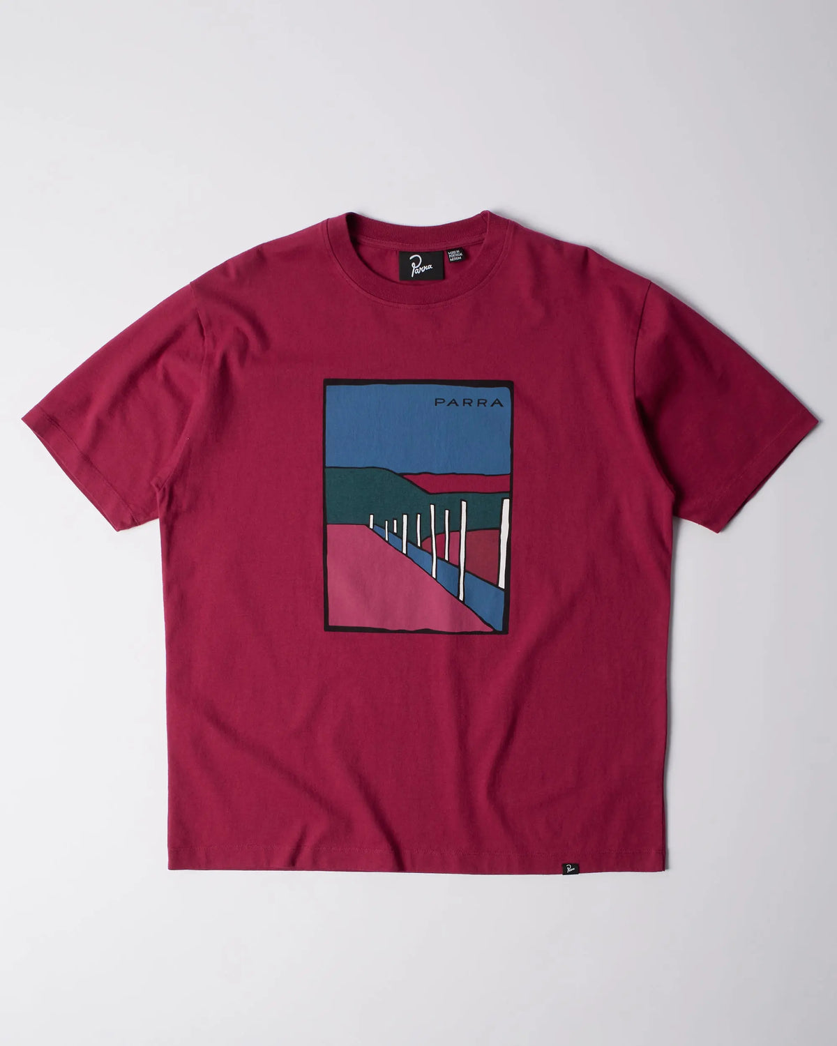ByParra Beach Parking t-shirt in raspberry featuring a colorful graphic art print on the front.