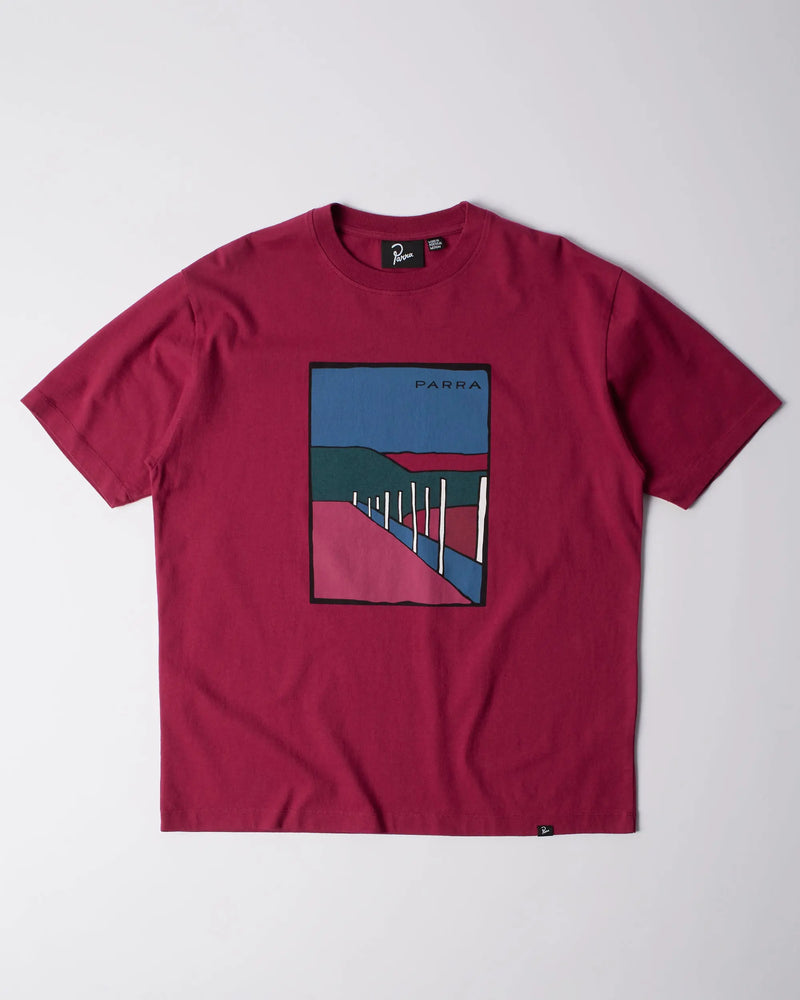 ByParra Beach Parking t-shirt in raspberry featuring a colorful graphic art print on the front.
