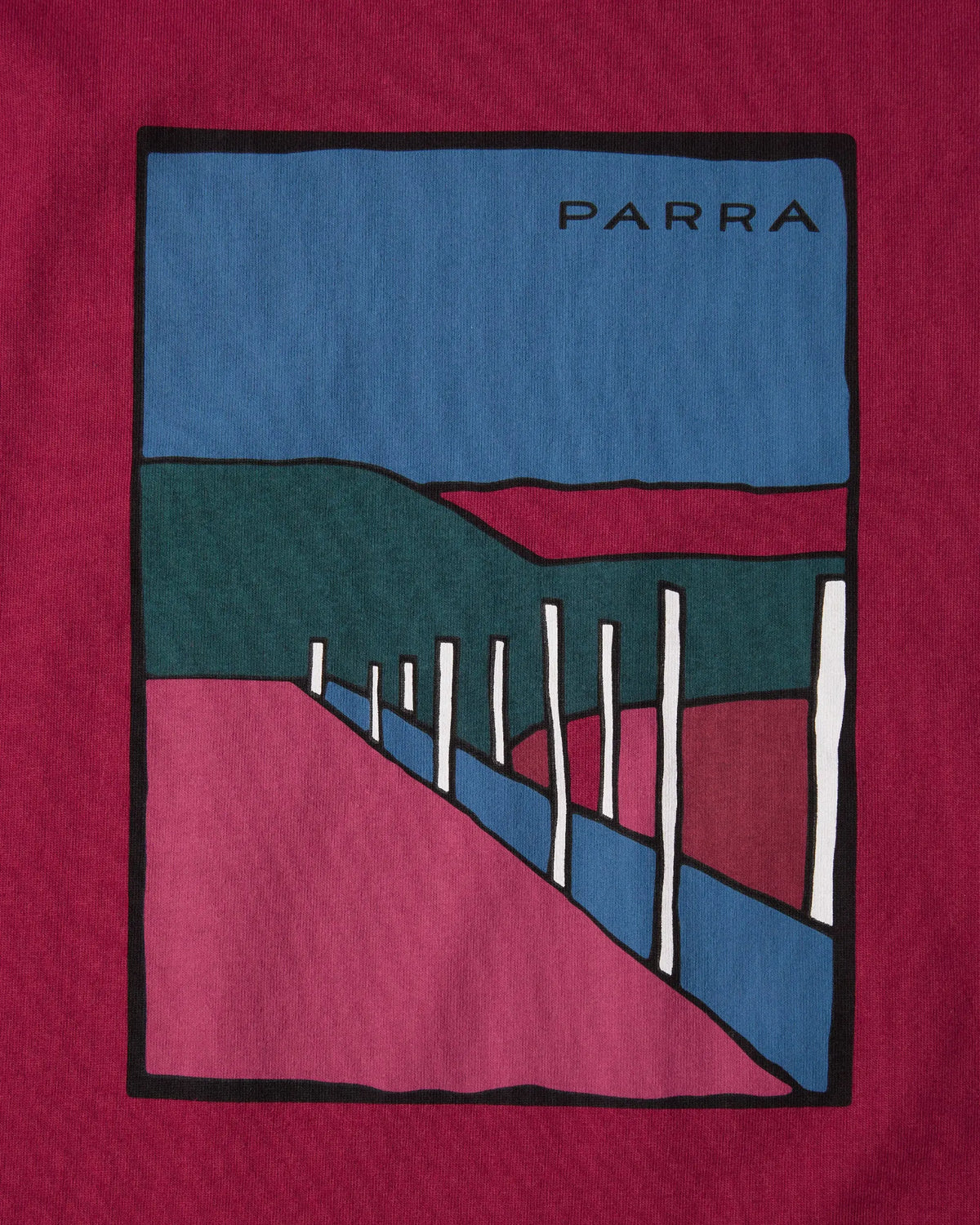 Close-up of the Beach Parking graphic print on the raspberry ByParra T-shirt.