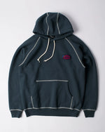 ByParra Circled Script Logo Hooded Sweatshirt in dark blue with white contrast stitching.