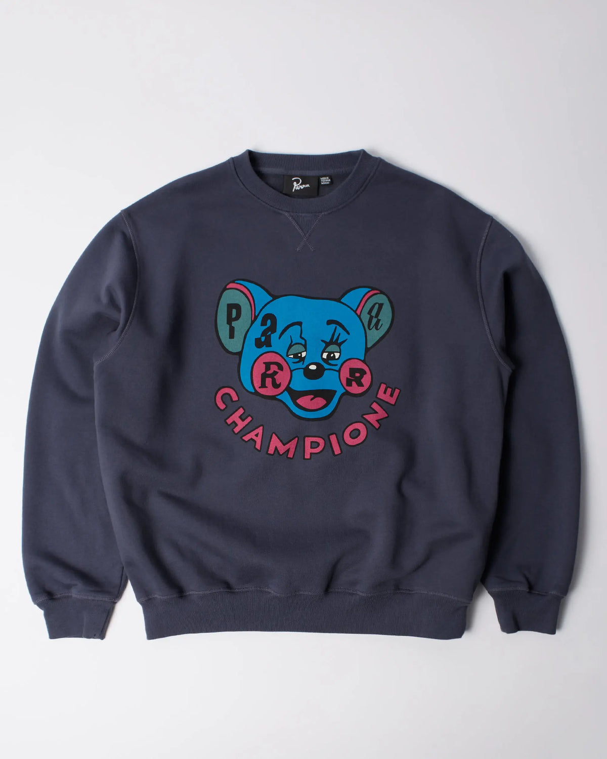 Navy blue byParra Tired Champione crewneck sweatshirt featuring a colorful chest cartoon graphic.