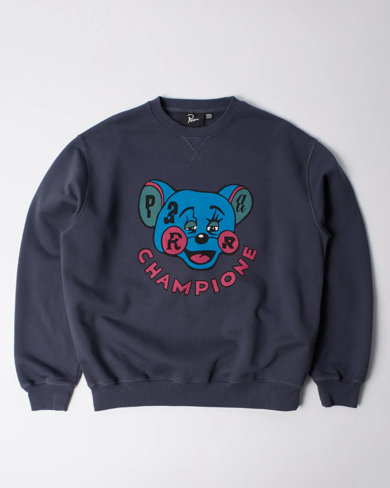 Navy blue byParra Tired Champione crewneck sweatshirt featuring a colorful chest cartoon graphic.
