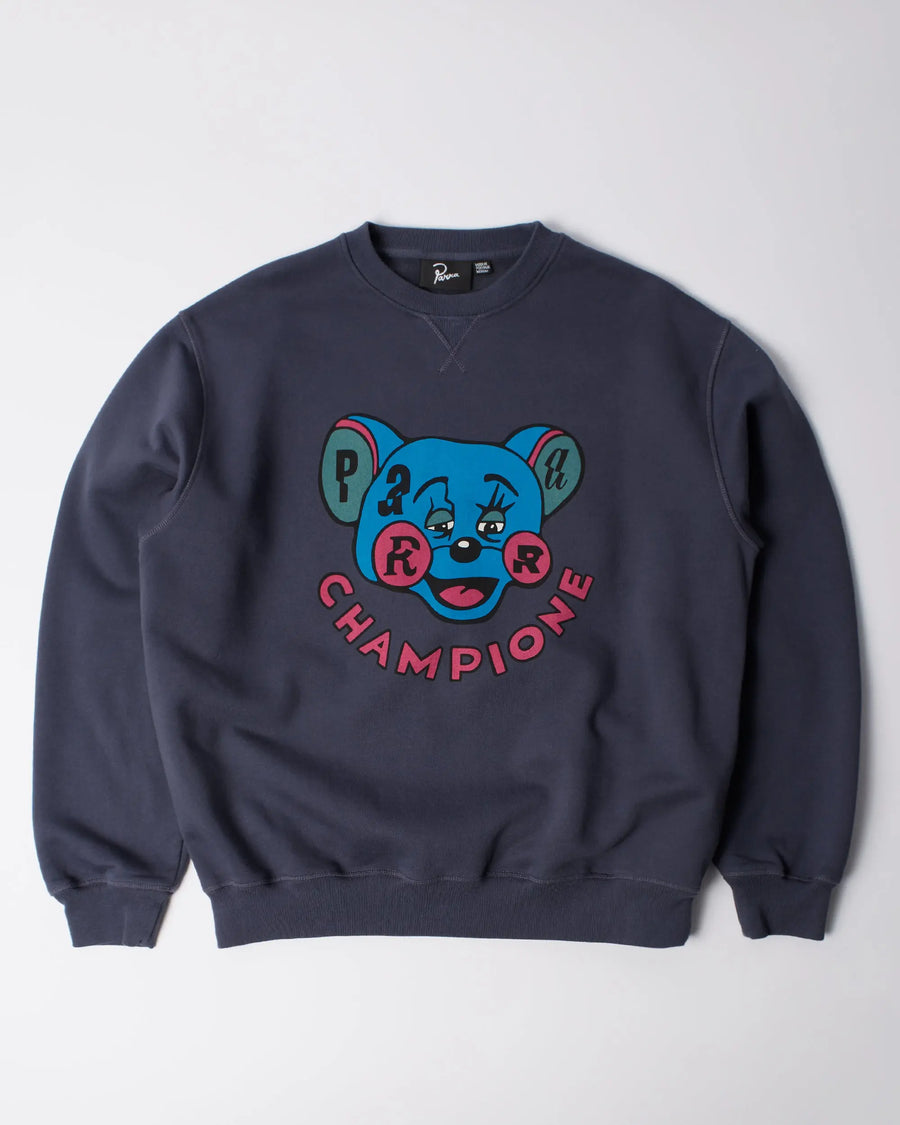 Navy blue byParra Tired Champione crewneck sweatshirt featuring a colorful chest cartoon graphic.