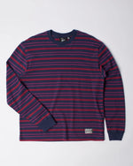 byParra 1992 striped long sleeve cotton t-shirt in purple and navy laid flat on a white background.