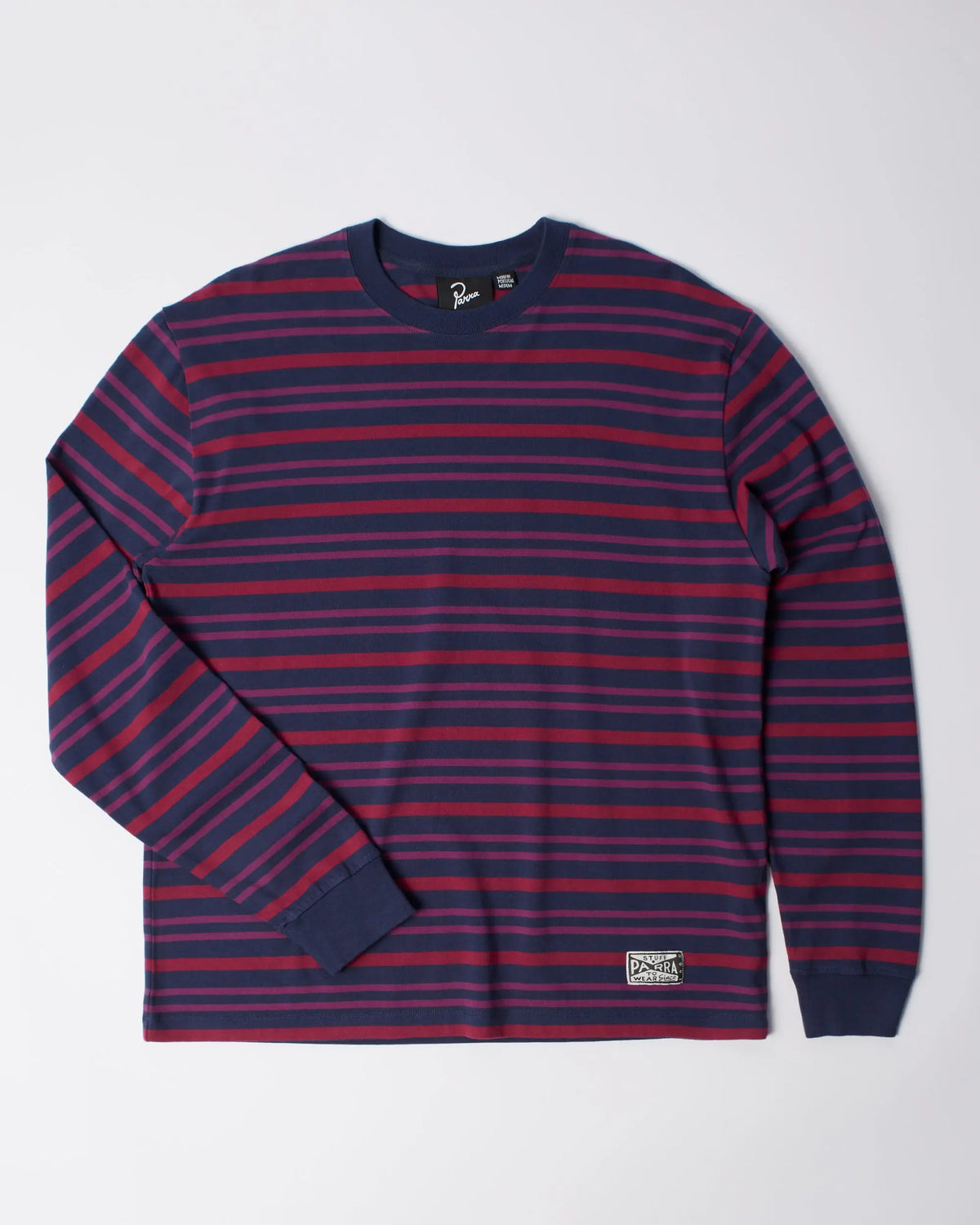 byParra 1992 striped long sleeve cotton t-shirt in purple and navy laid flat on a white background.