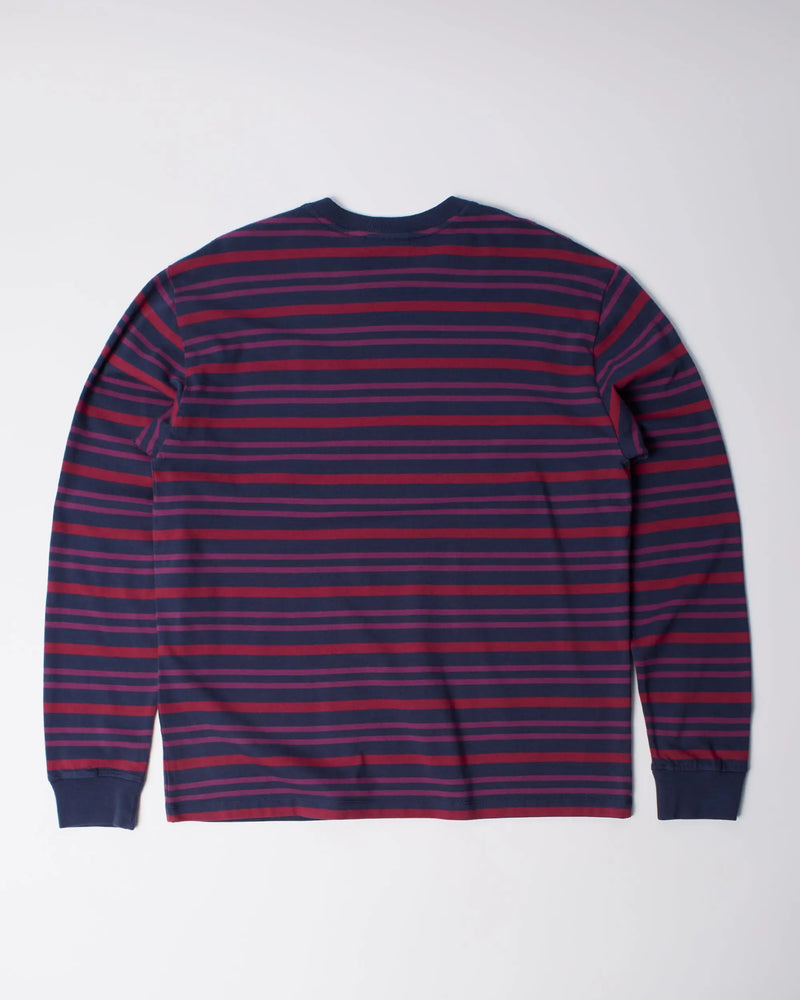 Back view of the byParra 1992 Long Sleeve T-Shirt with purple and navy stripes.