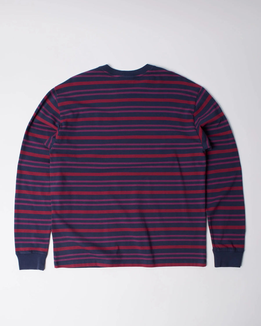 Back view of the byParra 1992 Long Sleeve T-Shirt with purple and navy stripes.