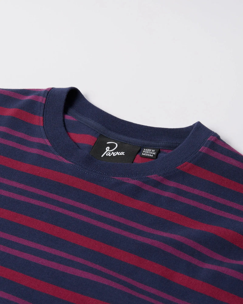 Close-up of the collar and brand label on the byParra 1992 striped purple long sleeve t-shirt.