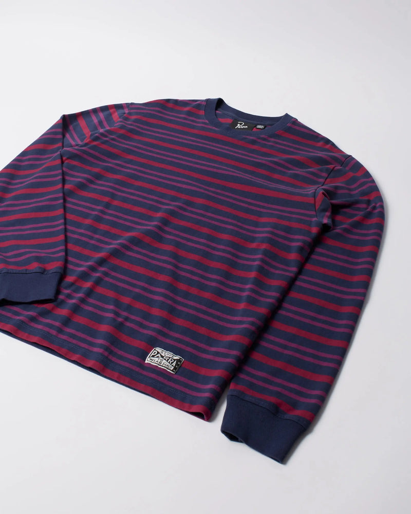 byParra 1992 long sleeve striped purple cotton t-shirt laid flat on a white background.