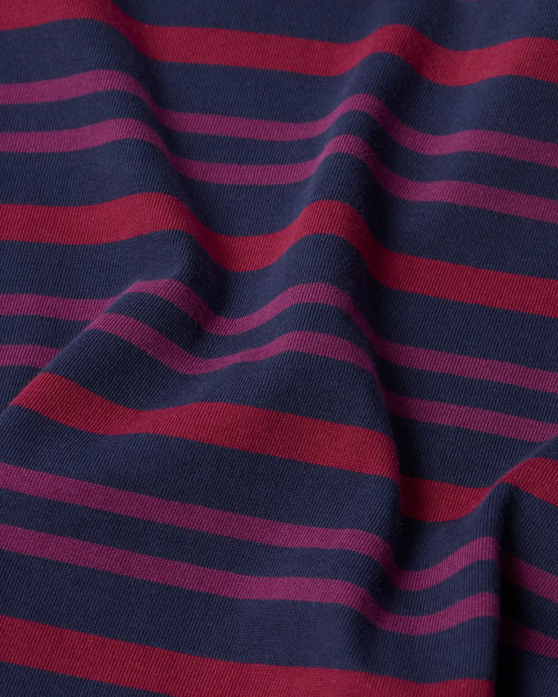 Close-up of purple and navy striped cotton fabric on the byParra 1992 Long Sleeve T-Shirt.