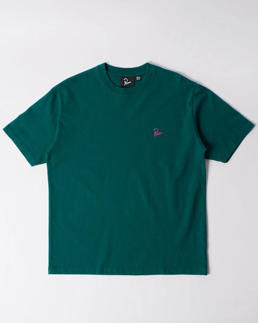 Dark green byParra Signature cotton t-shirt with a pink embroidered chest logo laid flat.