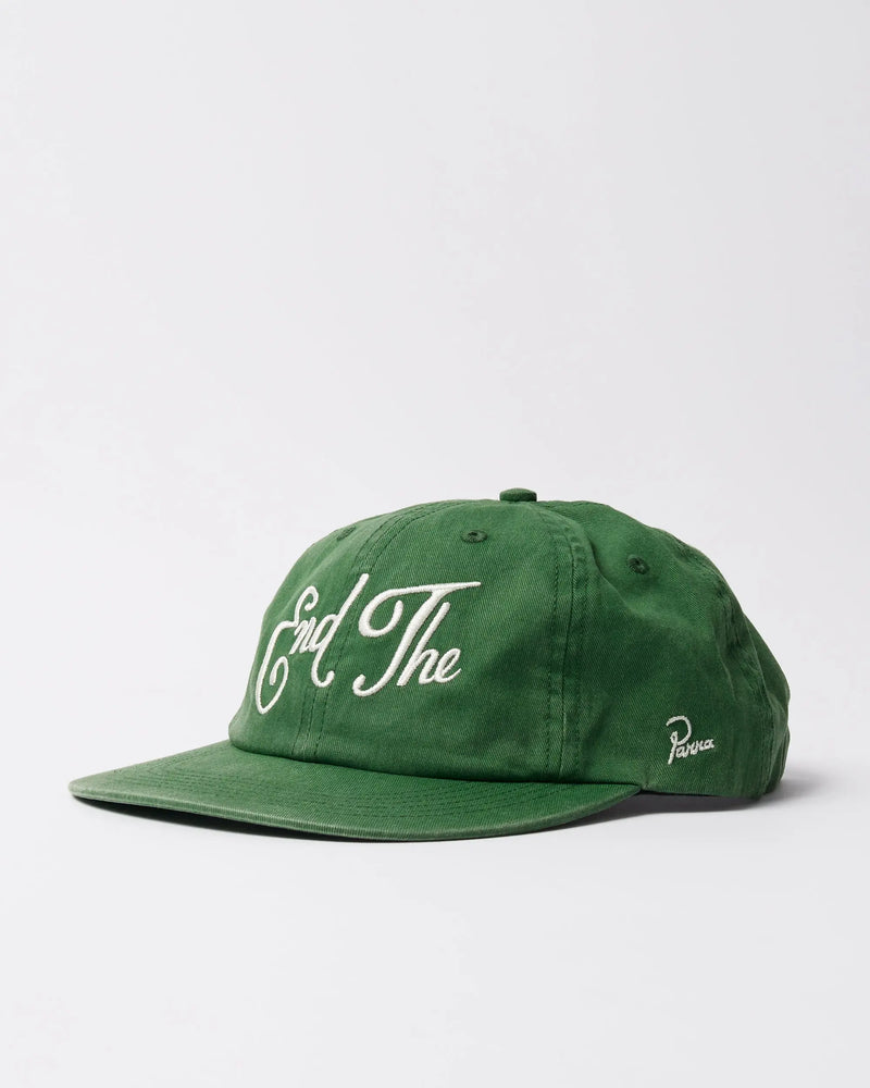 Green byParra End The 6-panel cotton cap with white embroidered lettering on a solid white background.