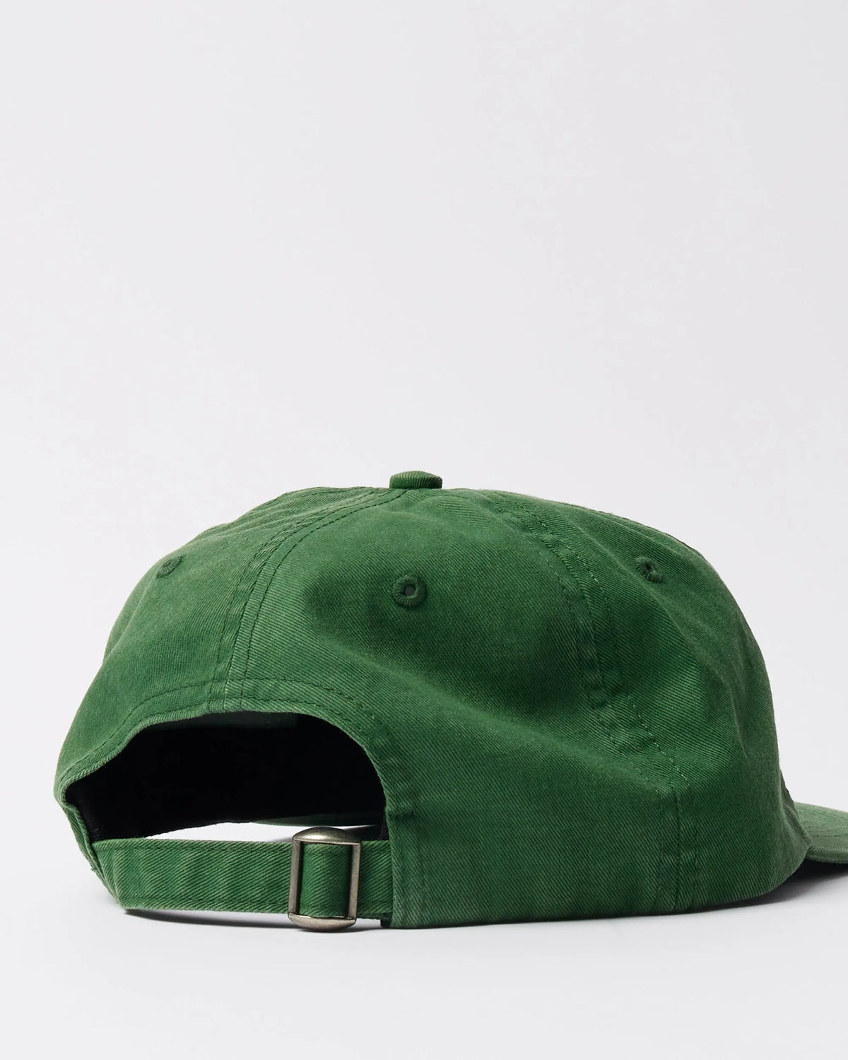 Rear view of the byParra End The 6 Panel Hat in green cotton twill with an adjustable strap buckle.