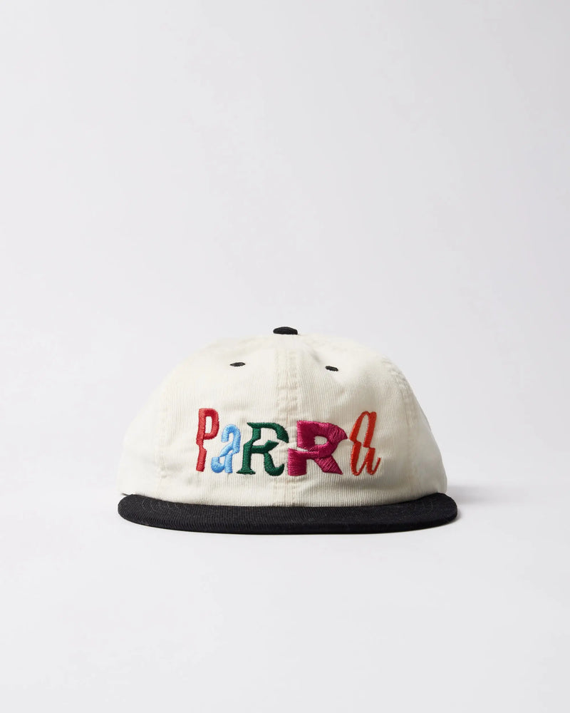 byParra Error Logo 6-Panel Hat in off-white corduroy with a black brim and colorful embroidery.