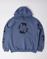 Blue byParra Non Grand Cafe hooded sweatshirt featuring black chest and sleeve graphics.