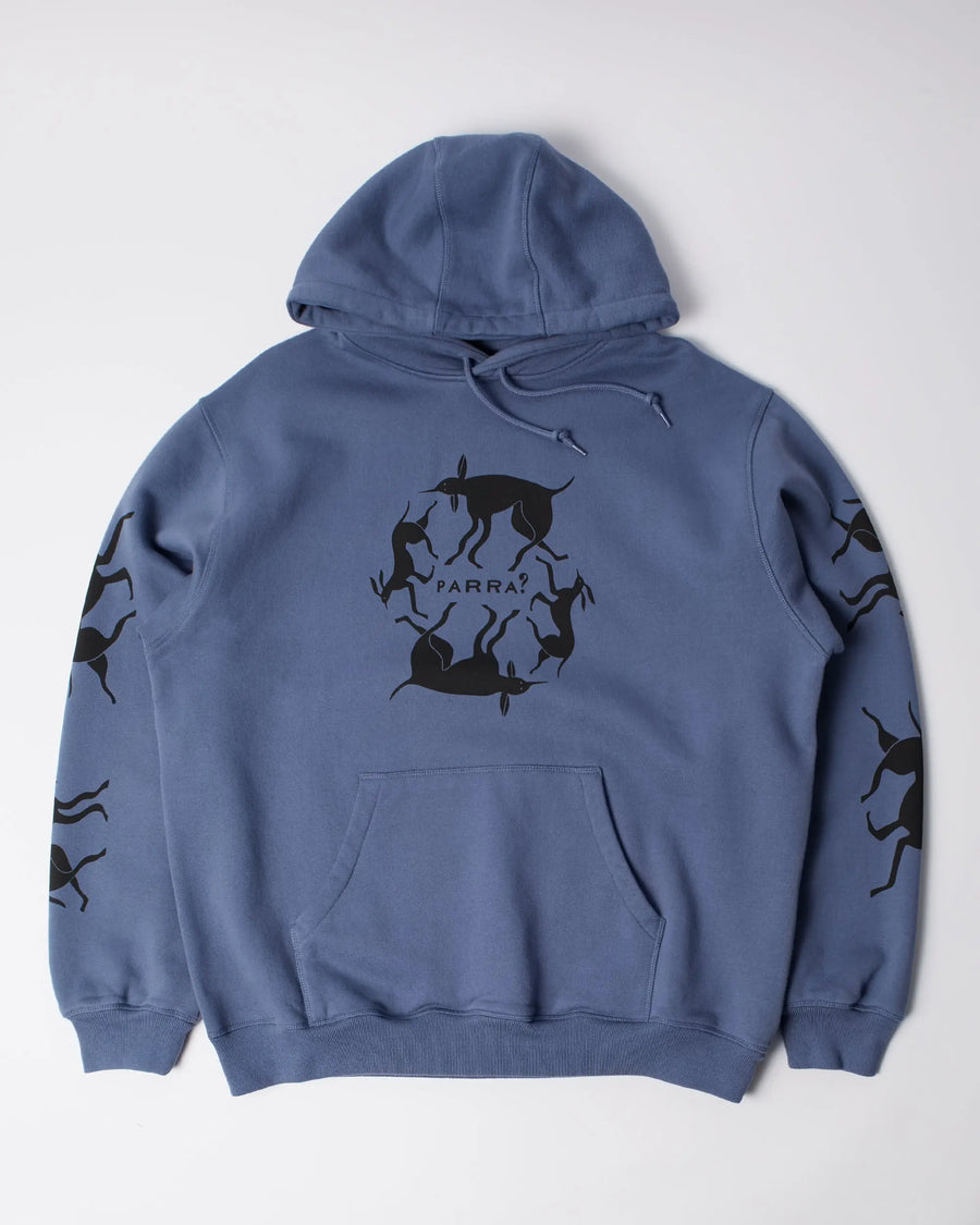 Blue byParra Non Grand Cafe hooded sweatshirt featuring black chest and sleeve graphics.