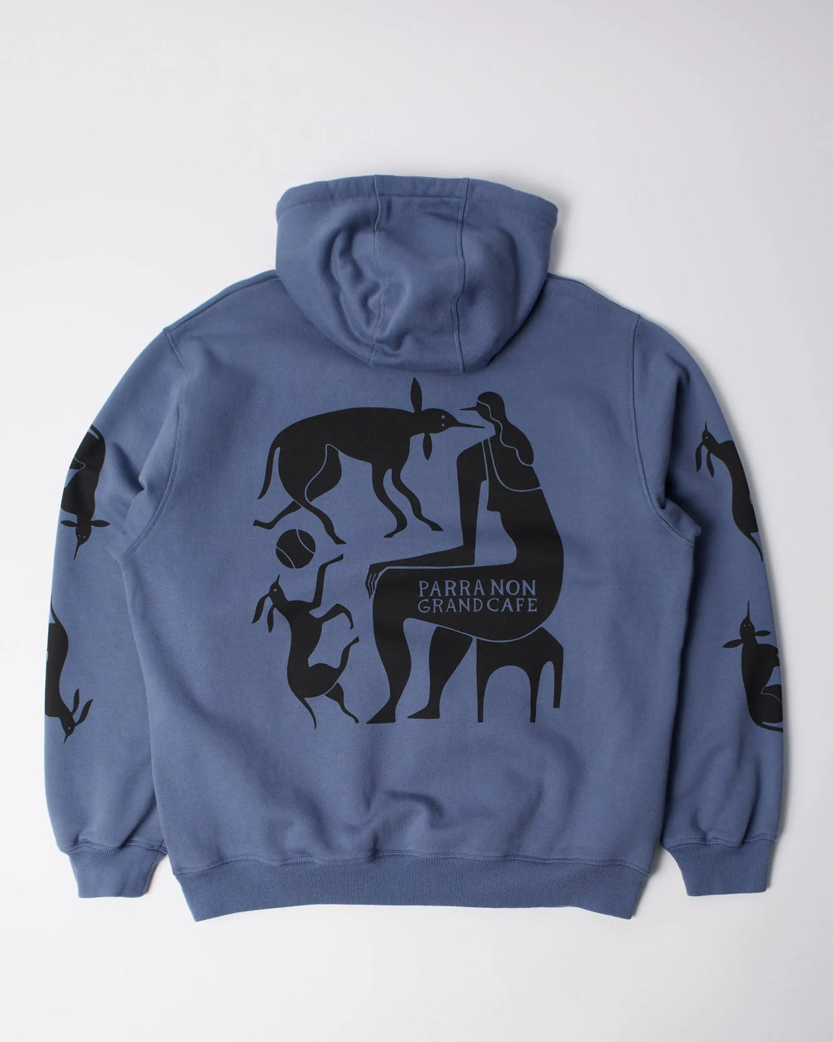 Back view of the blue byParra Non Grand Cafe hooded sweatshirt featuring a black graphic print.