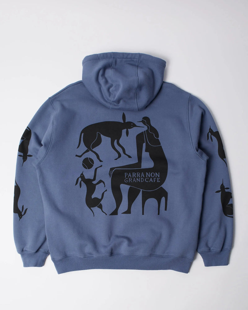Back view of the blue byParra Non Grand Cafe hooded sweatshirt featuring a black graphic print.