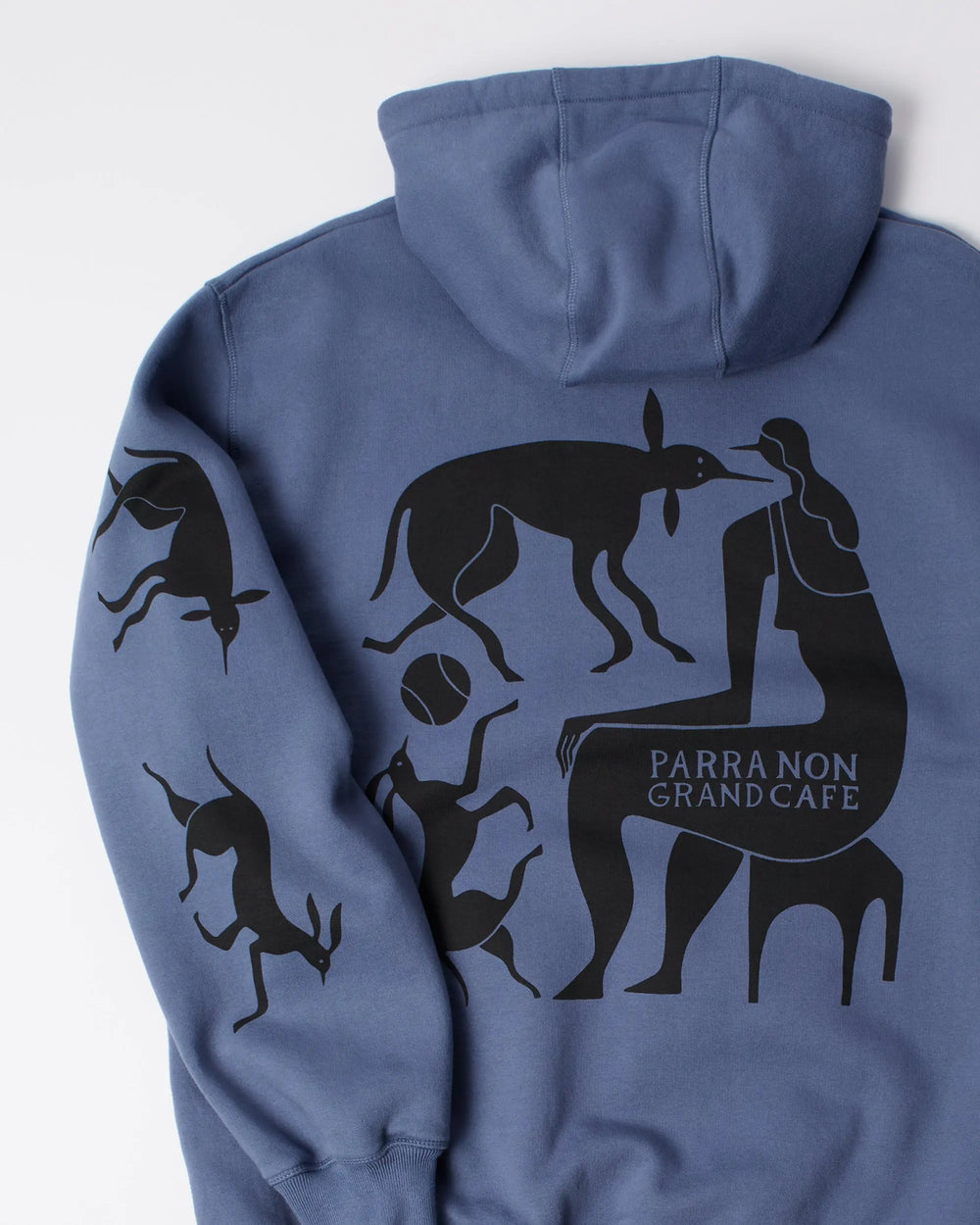 Back graphic print detail on the blue byParra Non Grand Cafe hooded sweatshirt.