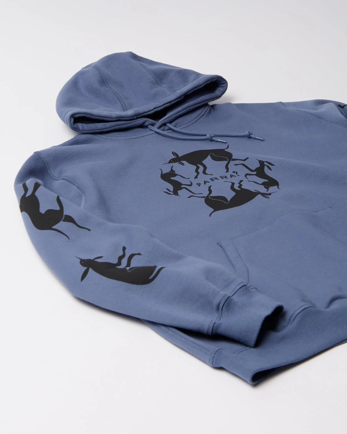 Blue byParra Non Grand Cafe hooded sweatshirt with black graphic prints on the chest and sleeve.