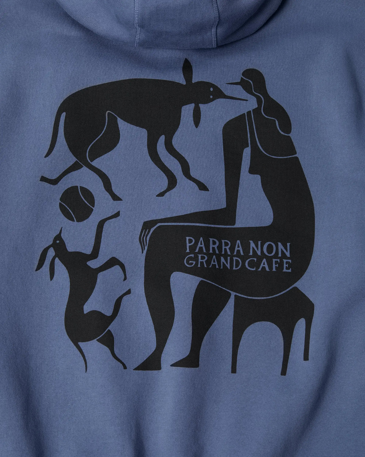 Close-up back graphic print on the blue byParra Non Grand Cafe Hooded Sweatshirt.