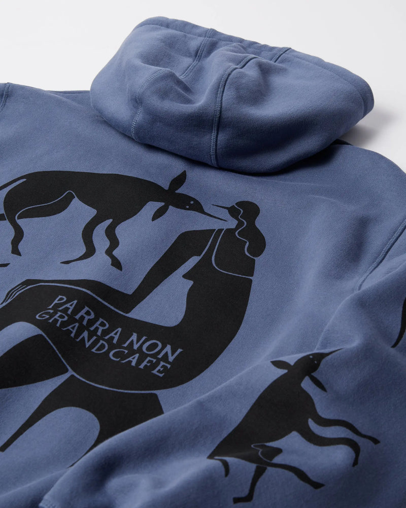 Close-up of the black graphic back print on the blue byParra Non Grand Cafe hooded sweatshirt.