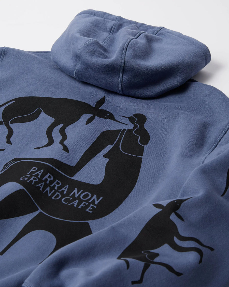 Close-up of the black graphic back print on the blue byParra Non Grand Cafe hooded sweatshirt.